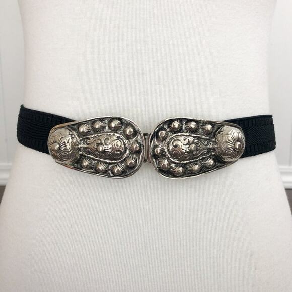 Vintage Accessocraft NYC Stretch Belt Antiqued Silver Tone Detail Formal Black - Picture 2 of 13